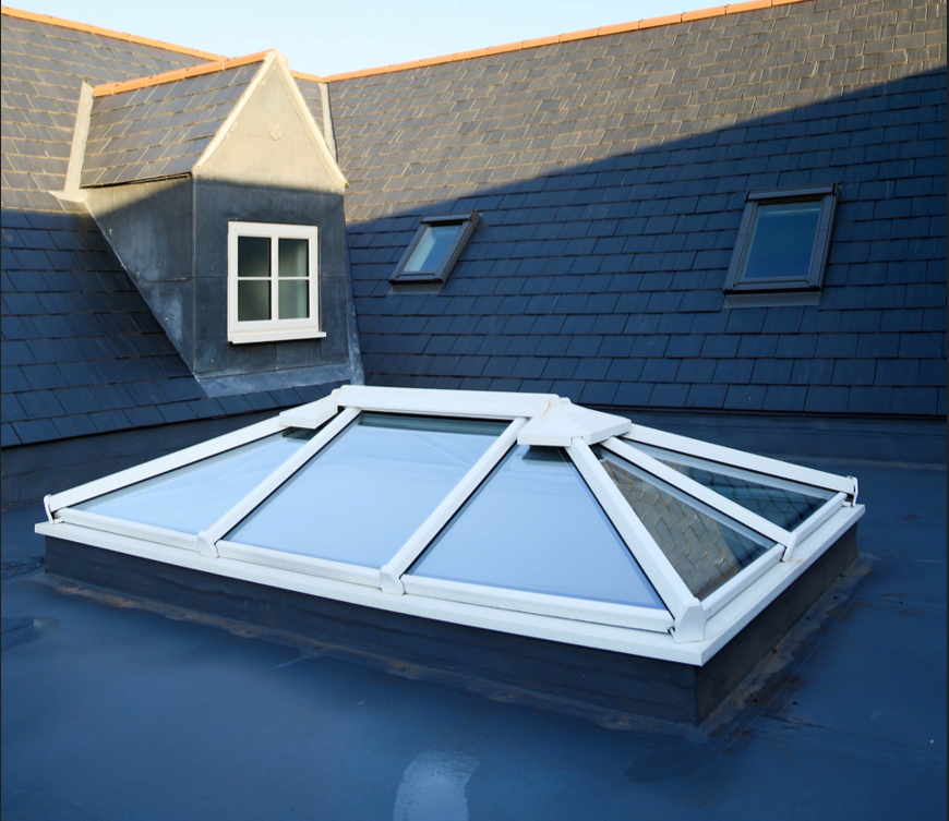 Modern slim-frame roof lantern bringing daylight into an extension