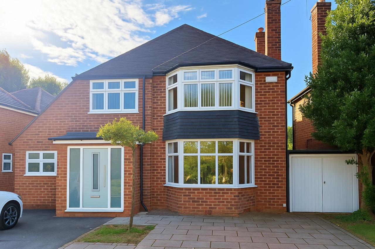 Premium Birmingham home exterior showing new double glazed windows and front door installed by HI Q WINDOWS